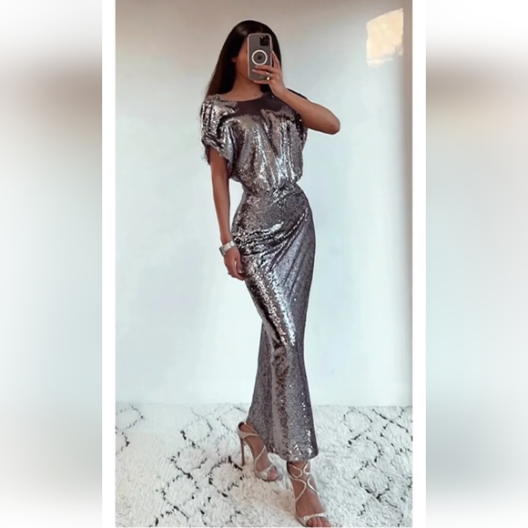 Zara SEQUIN SILVER LONG  DRESS GOWN Size S - Picture 7 of 16